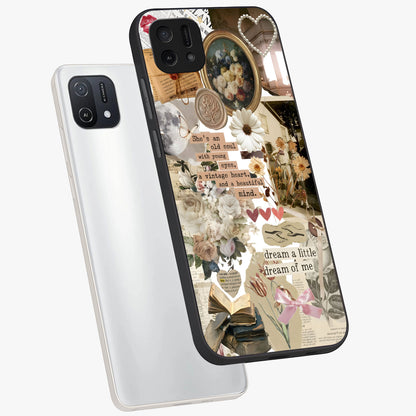 Aesthetic Brown Vintage Collage Glass Case displayed in angled mockup highlighting vintage aesthetic collage design.