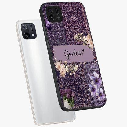 Antique Floral Whisper Custom Name Glass Case displayed in angled mockup highlighting elegant antique floral aesthetic.