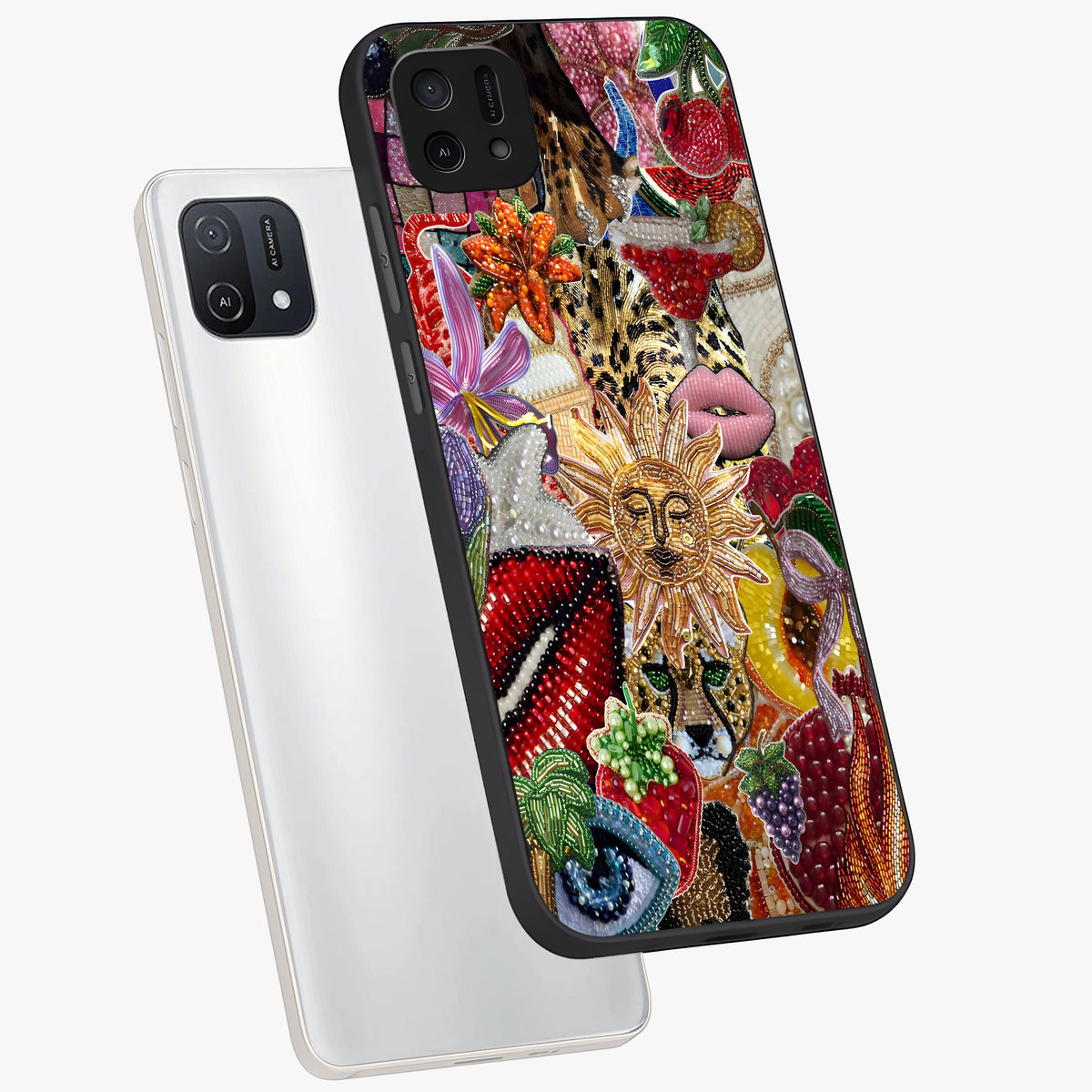 Beaded Fashion Jungle Glass Case displayed in angled mockup highlighting colorful fashion bead design and artistic pattern.