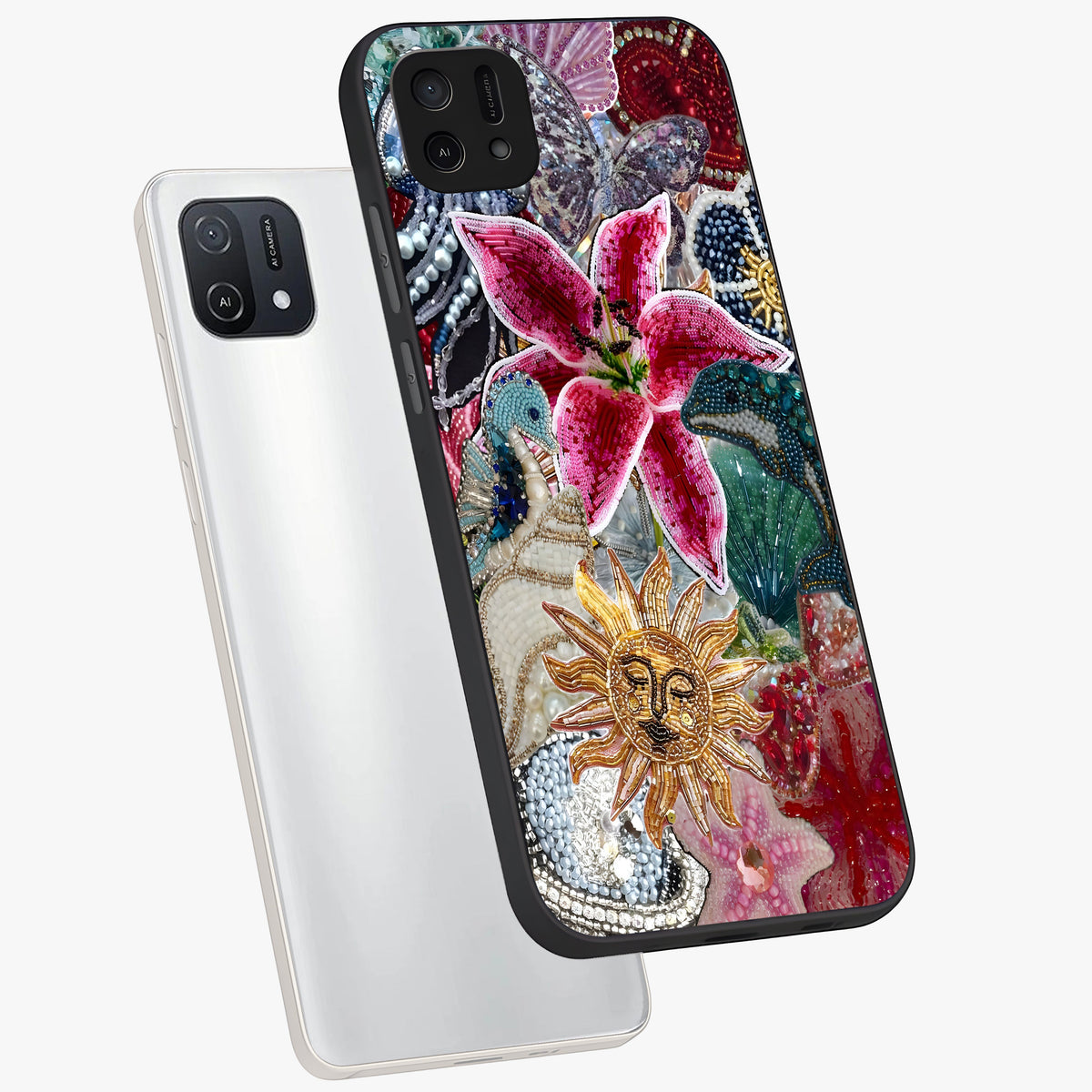 Beaded Garden Fantasy Glass Case displayed in angled mockup highlighting fantasy inspired floral bead pattern.