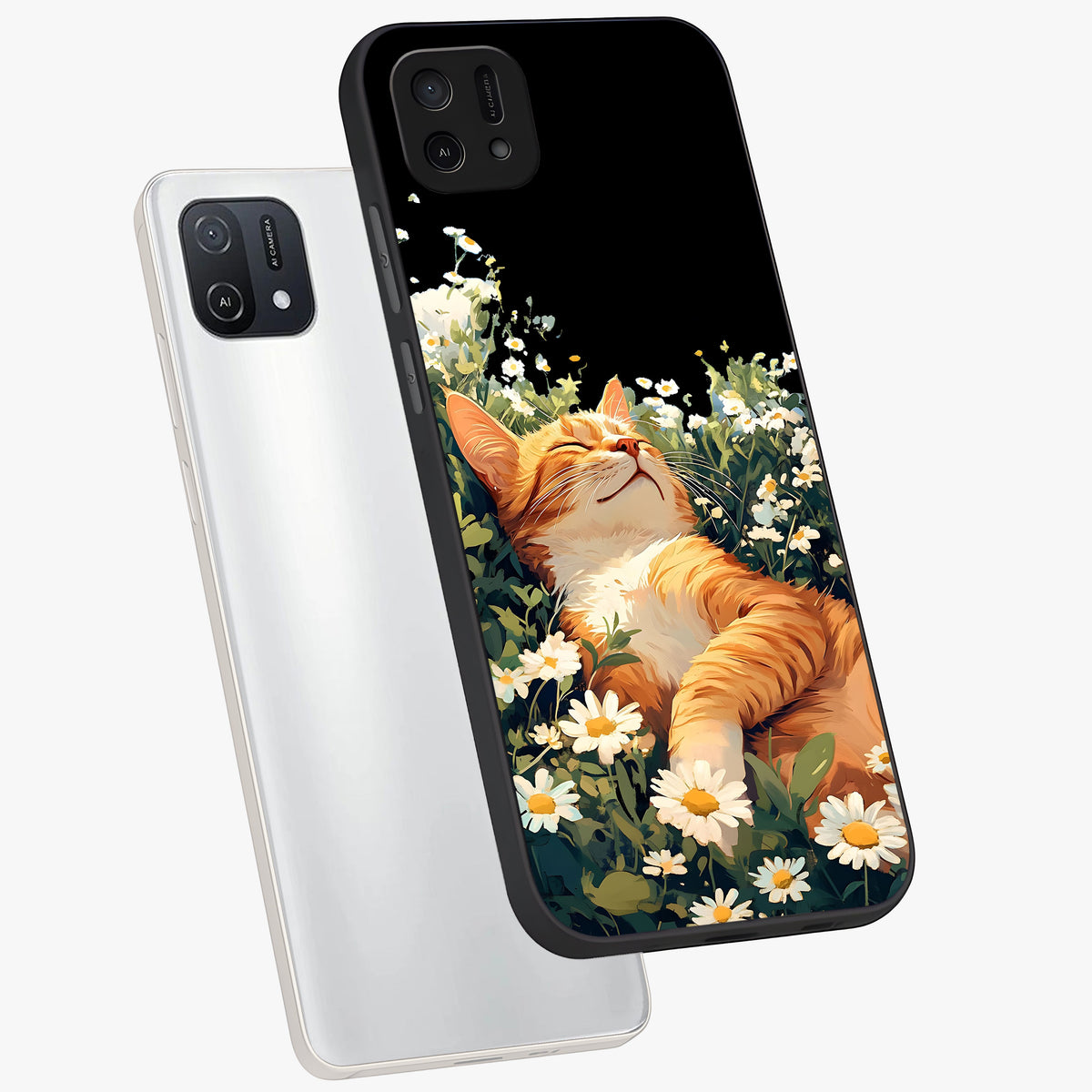 Blissful Bloom Cat Glass Case displayed in angled mockup highlighting playful feline illustration with soft floral aesthetic.
