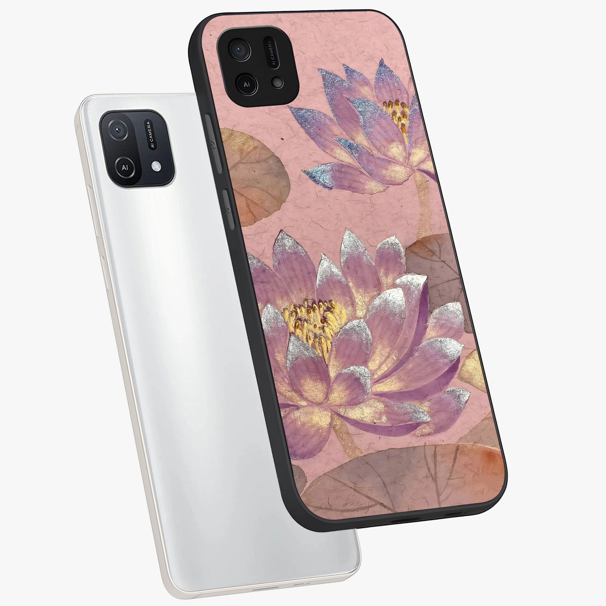 Blossom Mist Lotus Glass Case displayed in angled mockup highlighting delicate lotus illustration with calm aesthetic theme.