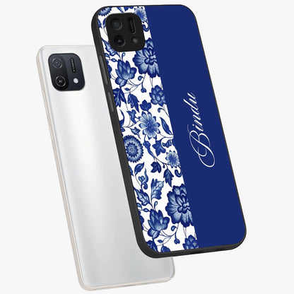 Blue Vintage Floral Pattern Glass Case displayed in angled mockup highlighting subtle bloom pattern with aesthetic pastel design.