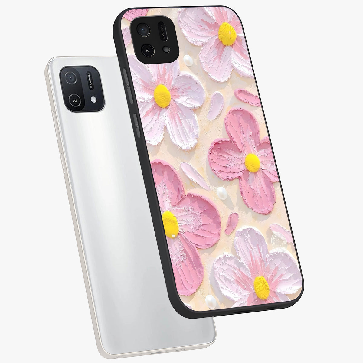 Blush Bloom Texture Glass Case displayed in angled mockup highlighting subtle bloom pattern with aesthetic pastel design.