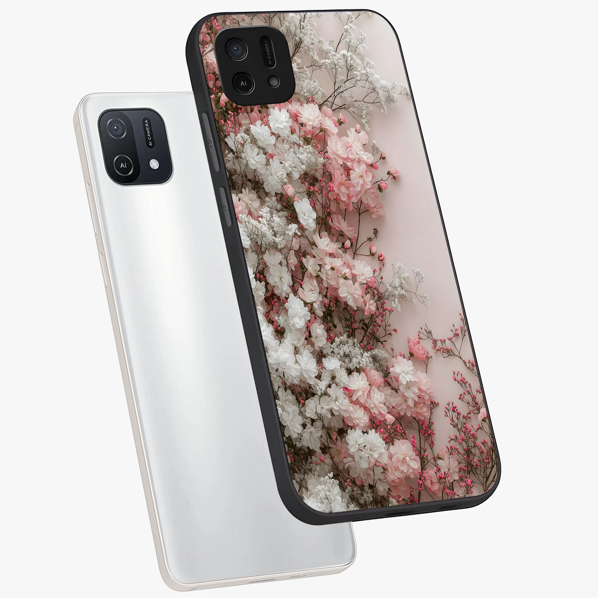 Blush Blossom Cloud Glass Case displayed in angled mockup highlighting soft cloud and blossom design with pastel aesthetic.