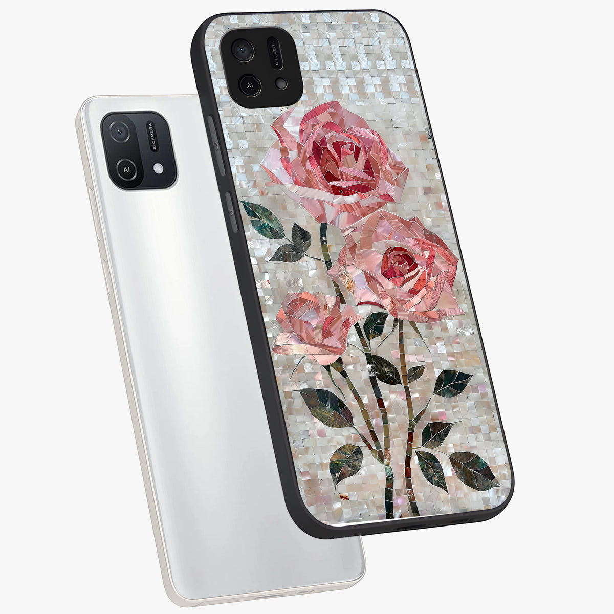 Blush Mosaic Bloom Glass Case displayed in angled mockup highlighting artistic mosaic flower pattern with aesthetic design.