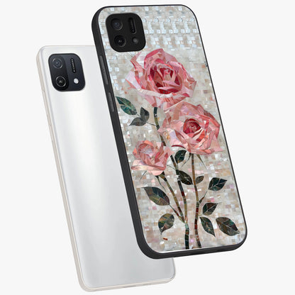 Blush Mosaic Bloom Glass Case displayed in angled mockup highlighting artistic mosaic flower pattern with aesthetic design.