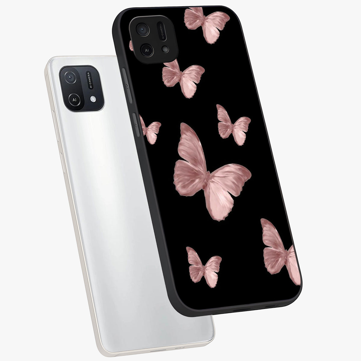 Butterfly Pattern Glass Case displayed in angled mockup highlighting delicate butterfly design and aesthetic pattern style.
