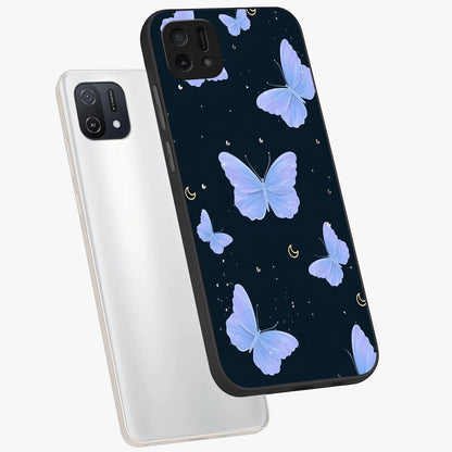 Butterfly With Stars Pattern Glass Case displayed in angled mockup highlighting dreamy butterfly and star design with aesthetic theme.