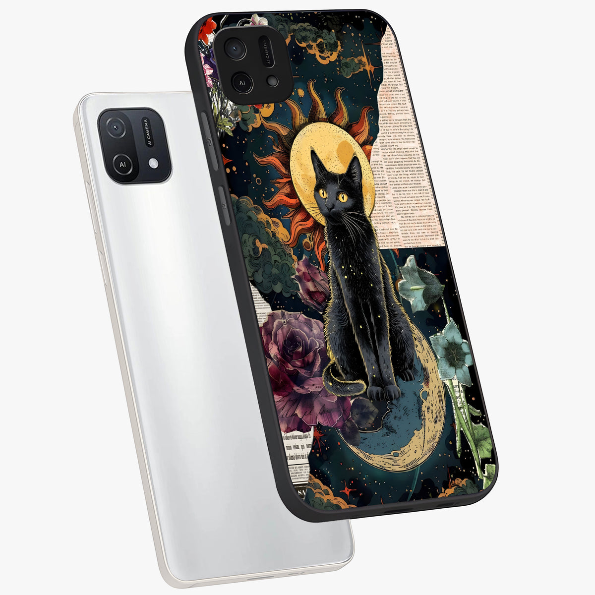 Celestial Black Cat Glass Case displayed in angled mockup highlighting cosmic black cat design with celestial aesthetic.