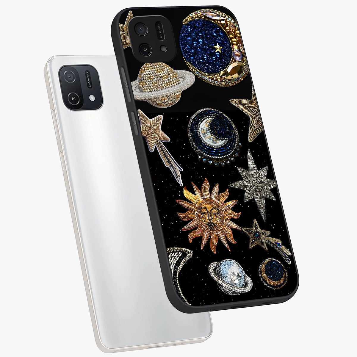Celestial Gem Constellations Glass Case displayed in angled mockup highlighting gemstone inspired constellation design.