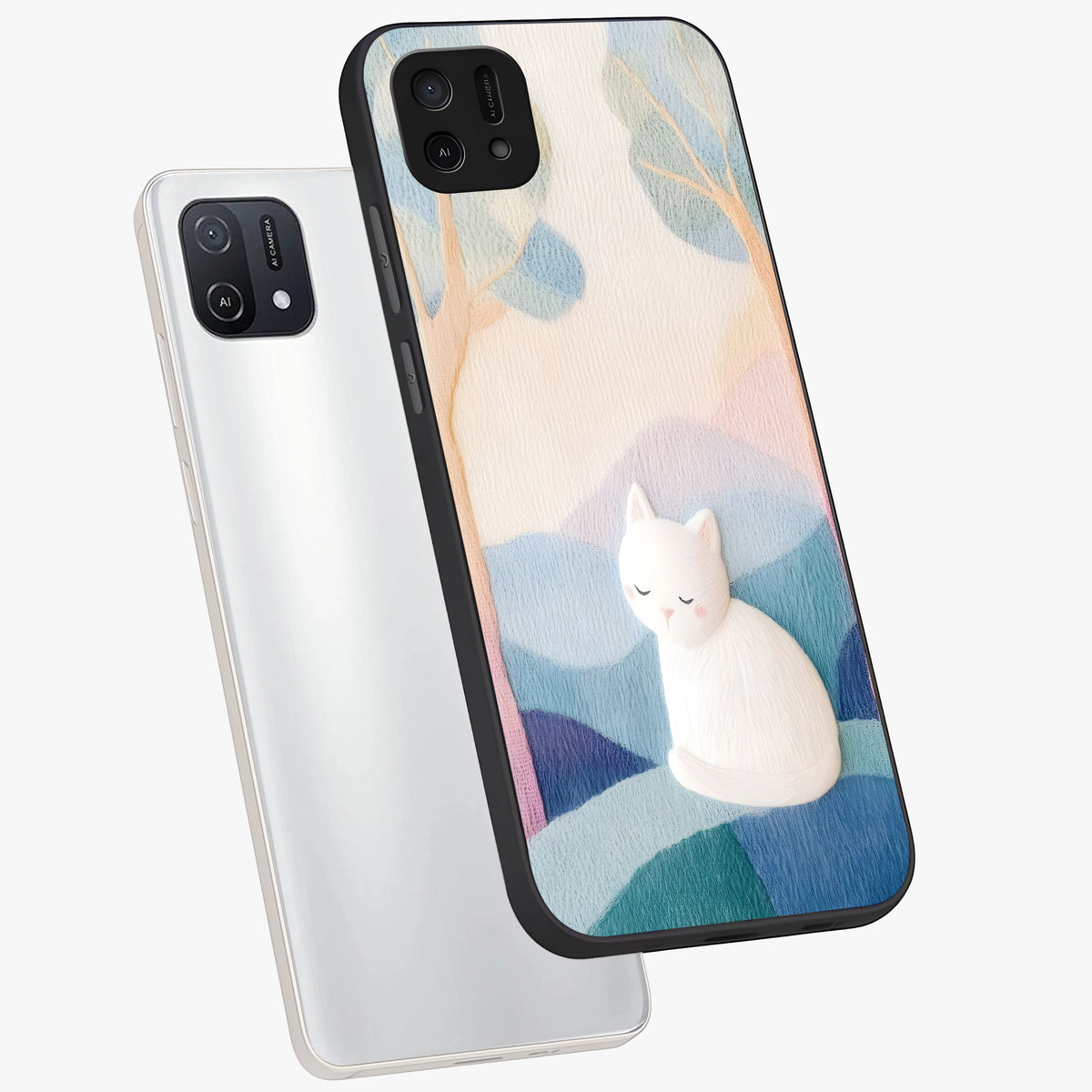 Cotton Dream Cat Glass Case displayed in angled mockup highlighting cute feline illustration with pastel aesthetic style.