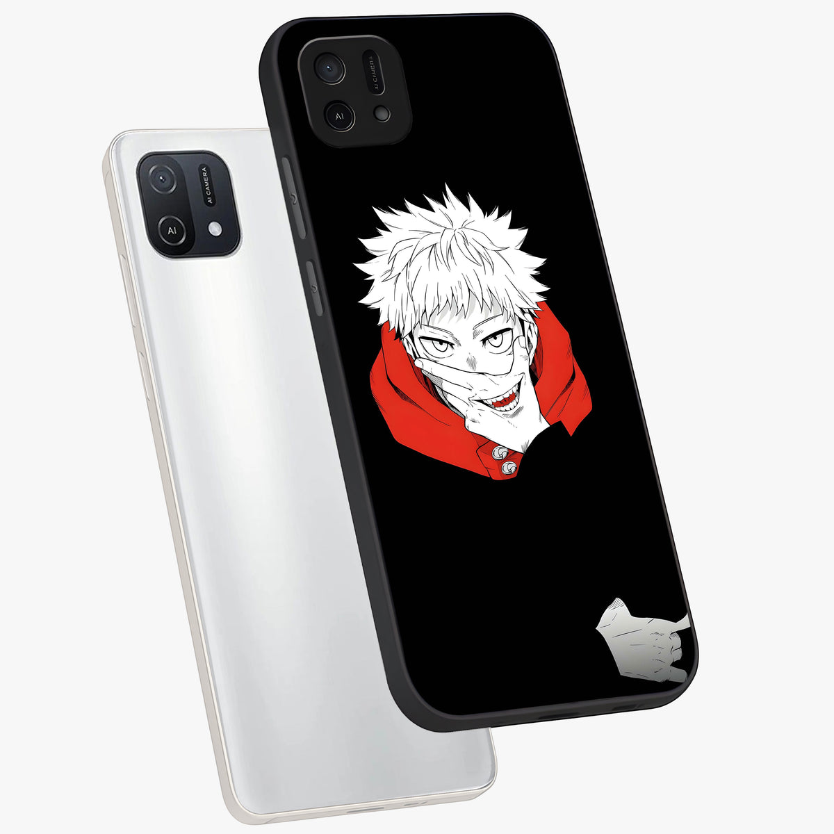 Crimson Chaos Smile Glass Case displayed in angled mockup highlighting edgy crimson smile design with graphic aesthetic.