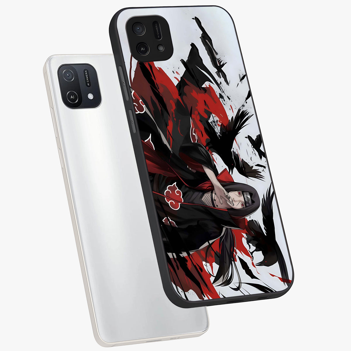 Crimson Crow Illusion Glass Case displayed in angled mockup highlighting mysterious crow graphic with dark aesthetic style.