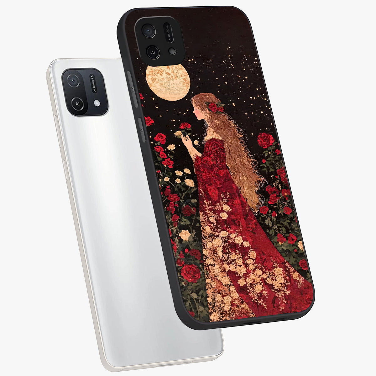 Crimson Dreams Glass Case displayed in angled mockup highlighting soft crimson aesthetic design with artistic theme.