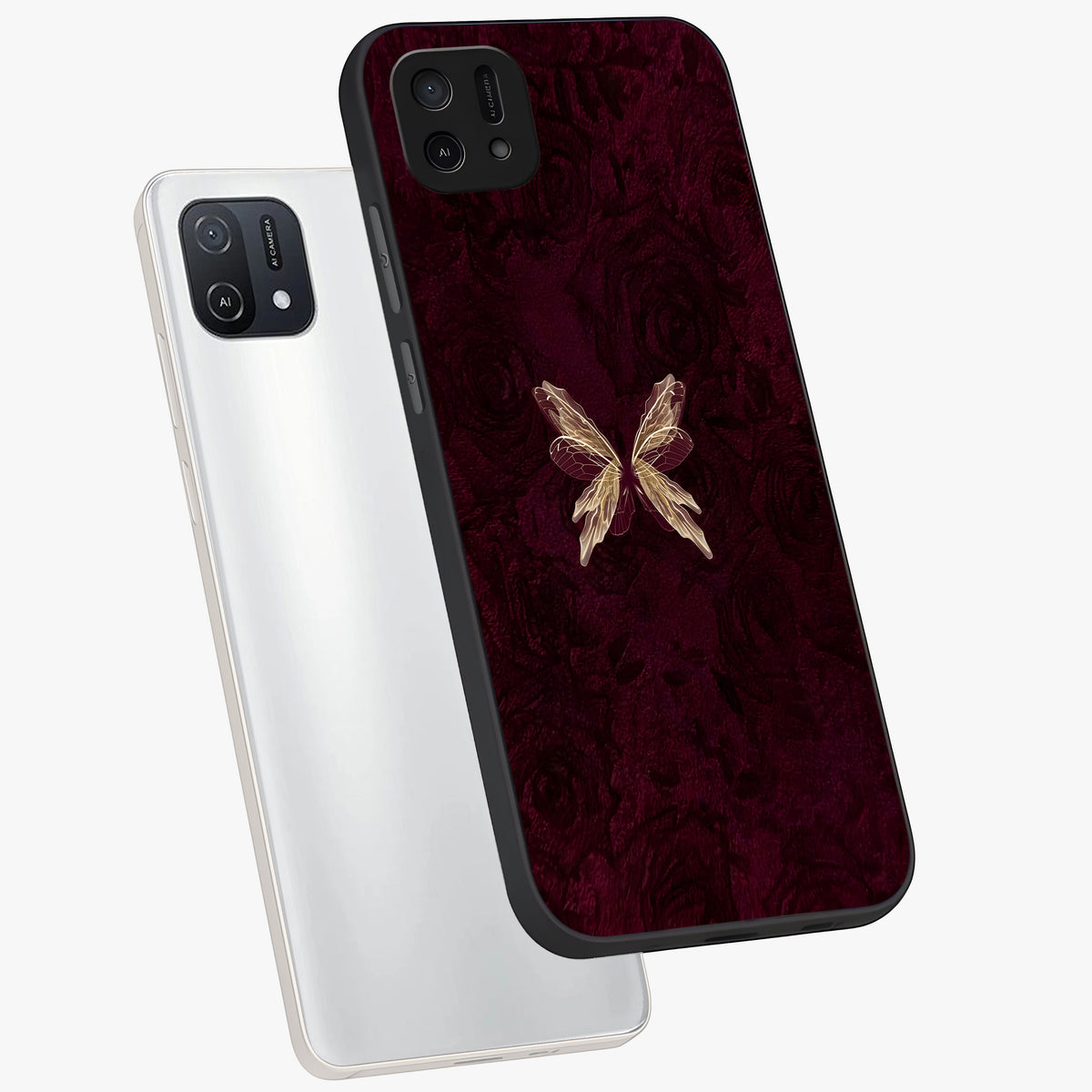 Crimson Fade Butterfly Glass Case displayed in angled mockup highlighting elegant butterfly design with crimson gradient aesthetic.