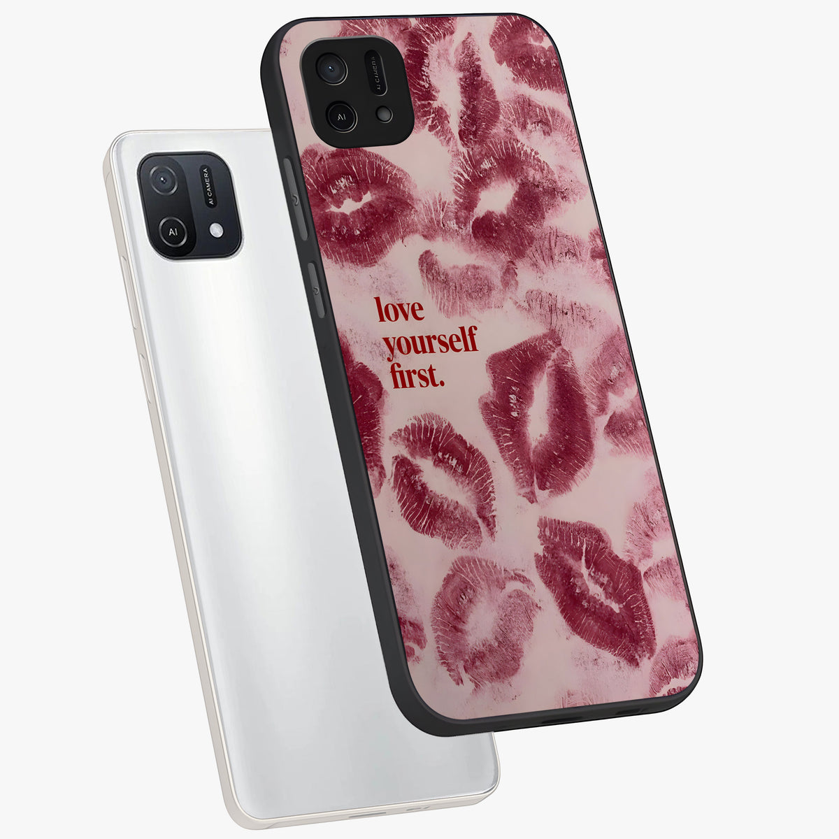 Crimson Kiss Love Glass Case displayed in angled mockup highlighting bold love inspired design with modern aesthetic style.