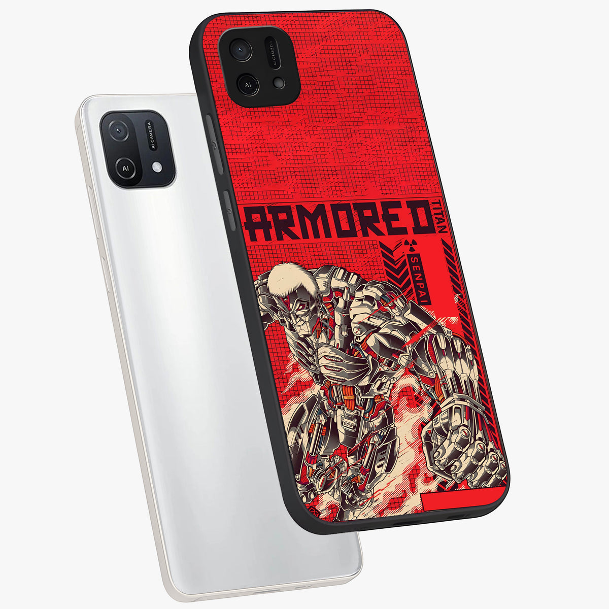 Crimson Mecha Titan Glass Case displayed in angled mockup highlighting futuristic mech illustration with bold crimson aesthetic.
