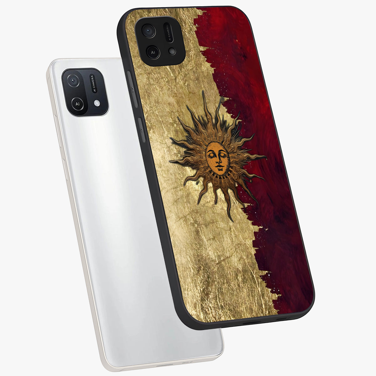 Crimson Sun Majesty Glass Case displayed in angled mockup highlighting majestic crimson sun design with bold aesthetic style.
