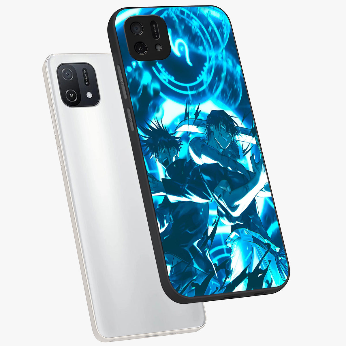 Cursed Energy Clash Glass Case displayed in angled mockup highlighting powerful battle inspired graphic with anime style aesthetic.