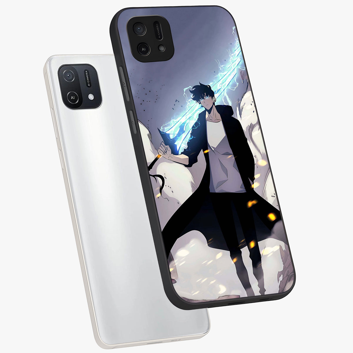 Dark Lightning Anime Warrior Glass Case displayed in angled mockup highlighting powerful lightning themed anime illustration.