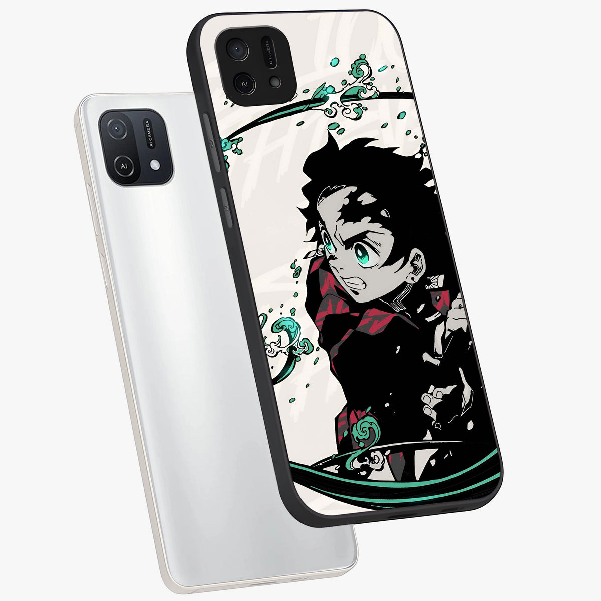 Demon Slayer Glass Case displayed in angled mockup highlighting dramatic anime character design with action aesthetic.