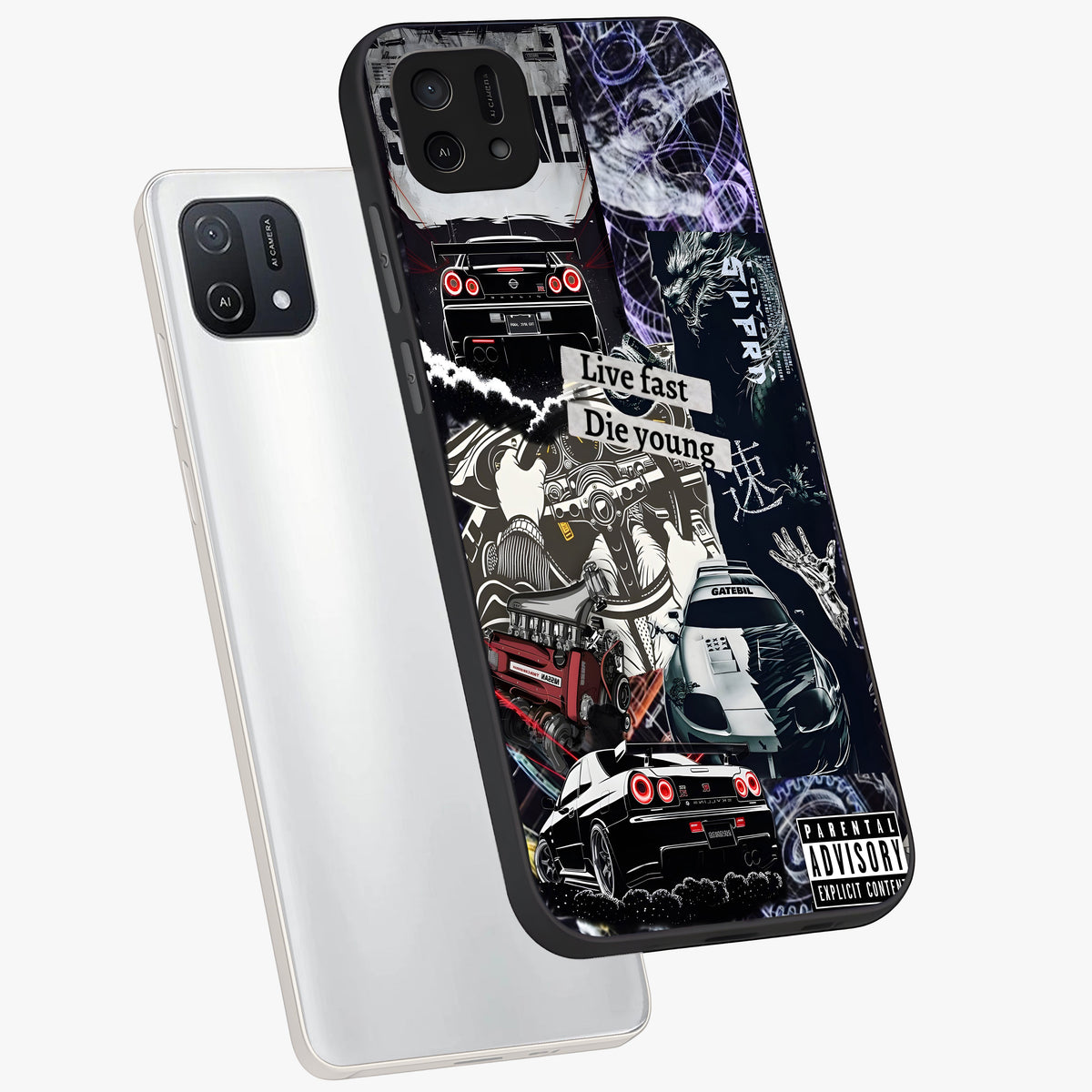 Die Young Glass Case displayed in angled mockup highlighting expressive graphic artwork with edgy aesthetic style.