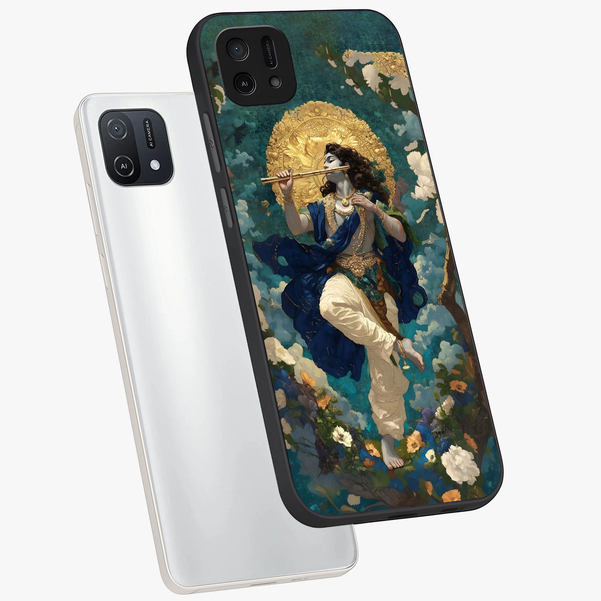 Divine Krishna Art Glass Case displayed in angled mockup highlighting spiritual Krishna illustration with devotional aesthetic.