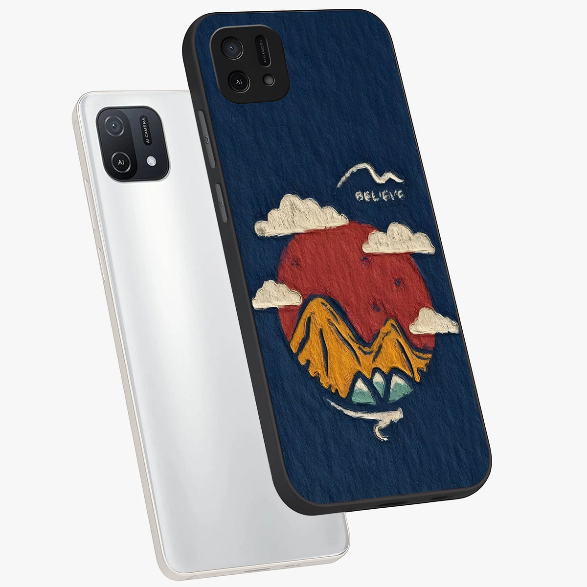 Dream Beyond Mountains Glass Case displayed in angled mockup highlighting dreamy mountain illustration with peaceful aesthetic.