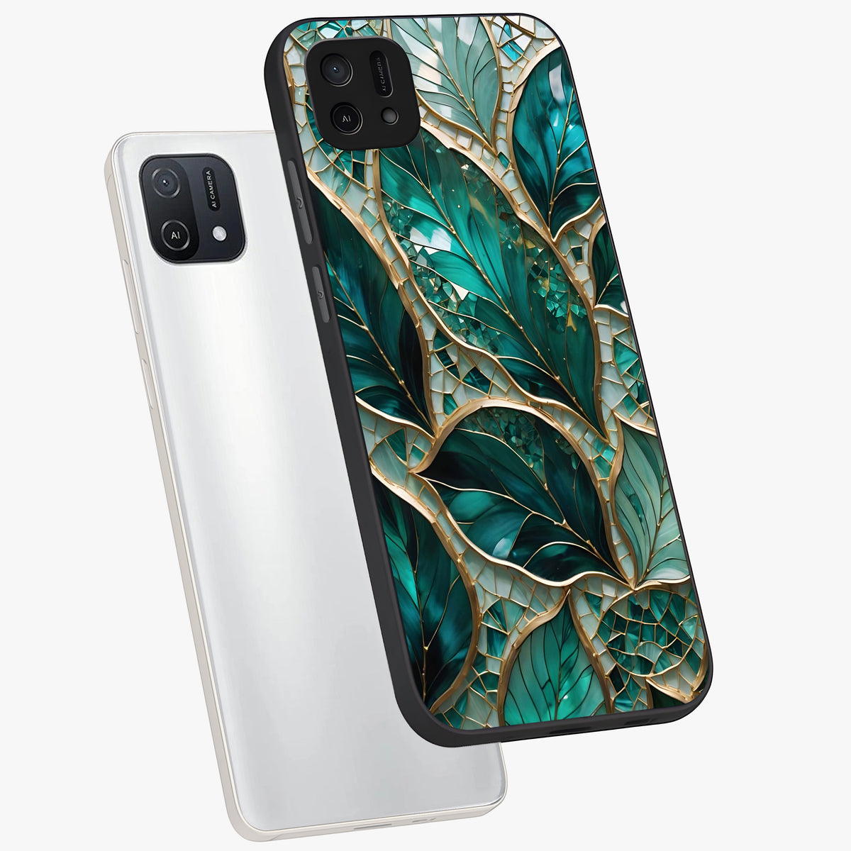 Emerald Leaf Glass Glass Case displayed in angled mockup highlighting botanical leaf illustration with elegant natural aesthetic.