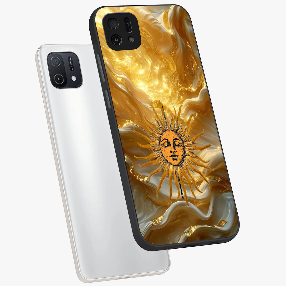 Eternal Golden Glow Glass Case displayed in angled mockup highlighting glowing golden aesthetic design with elegant style.