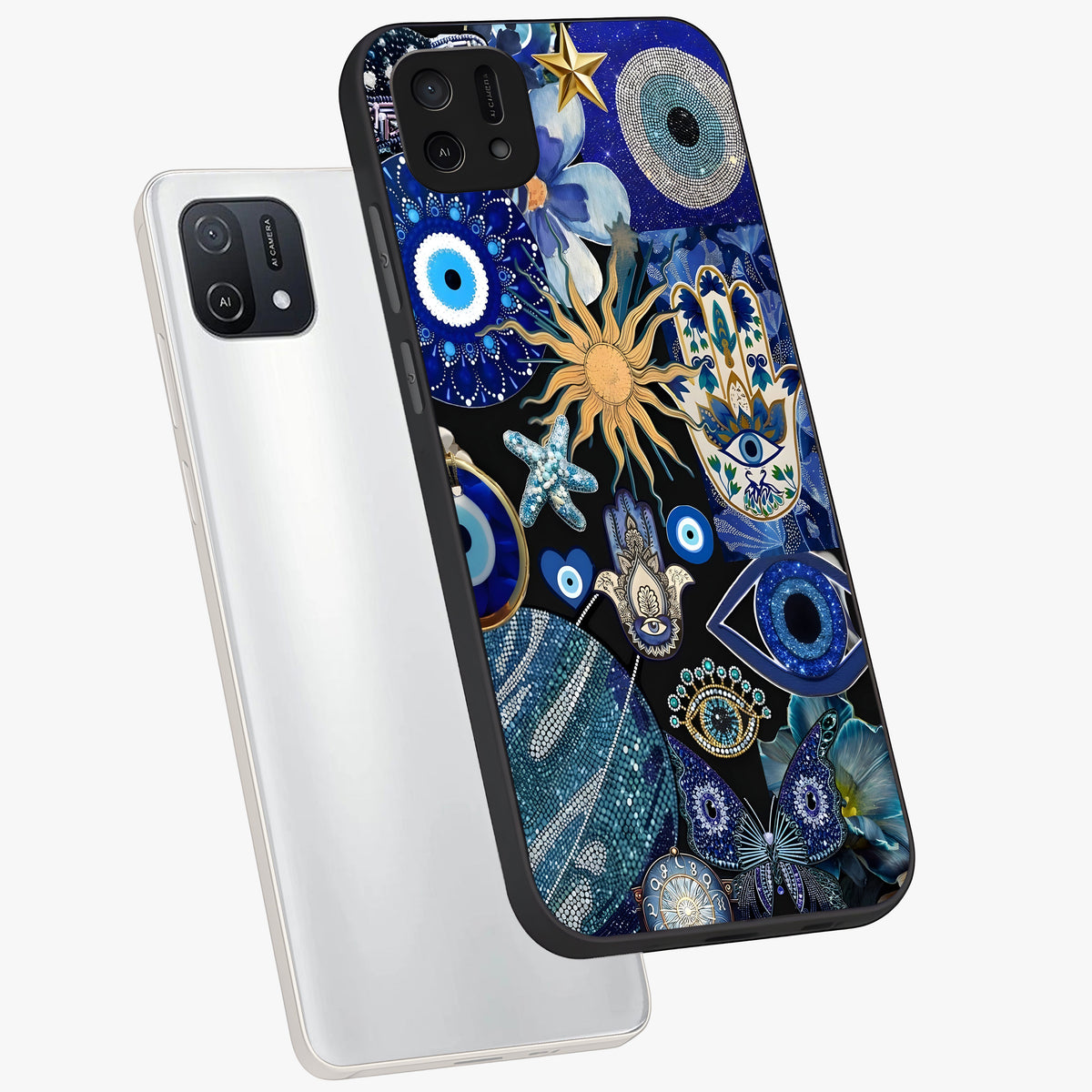 Evil Eye Charm Mix Glass Case displayed in angled mockup highlighting protective evil eye symbols with spiritual aesthetic design.