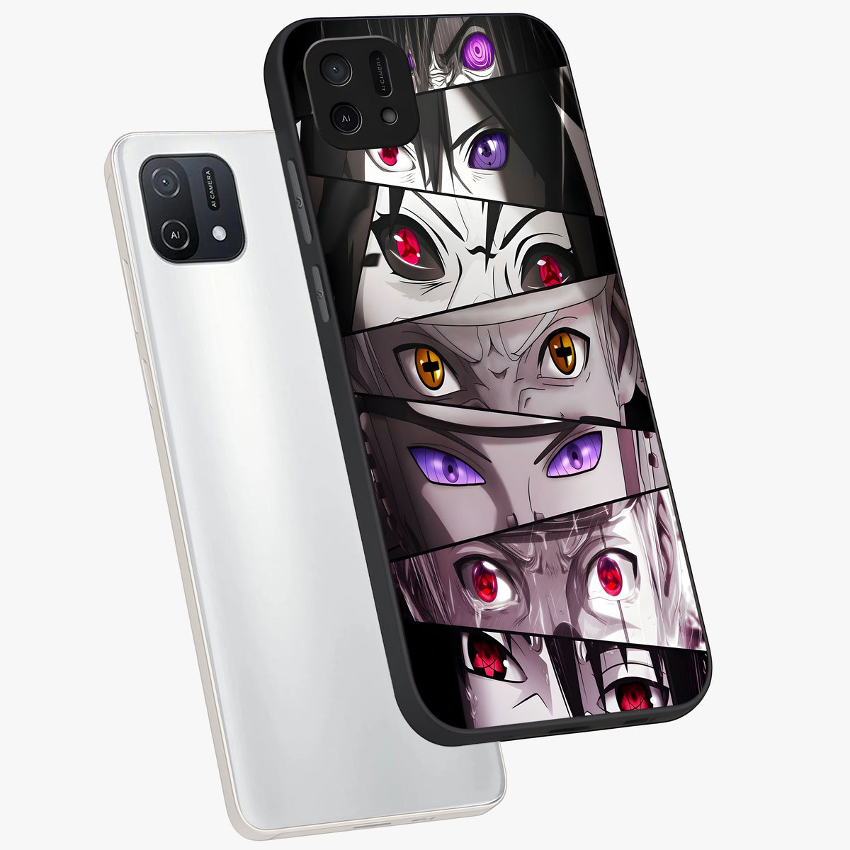 Eyes of Destiny Glass Case displayed in angled mockup highlighting bold eye illustration with mystical aesthetic style.