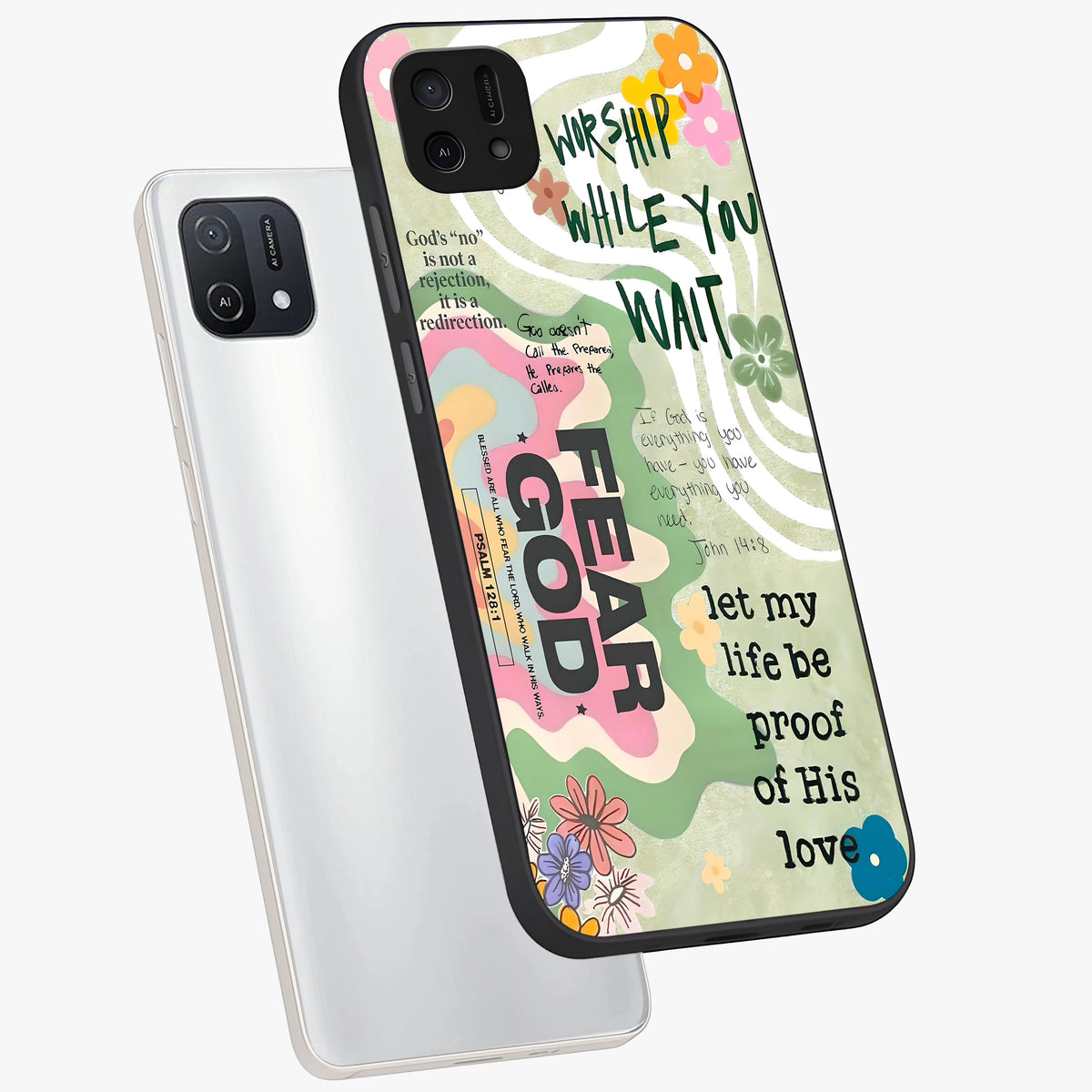Faith Over Fear Glass Case displayed in angled mockup highlighting inspirational message design with modern aesthetic style.