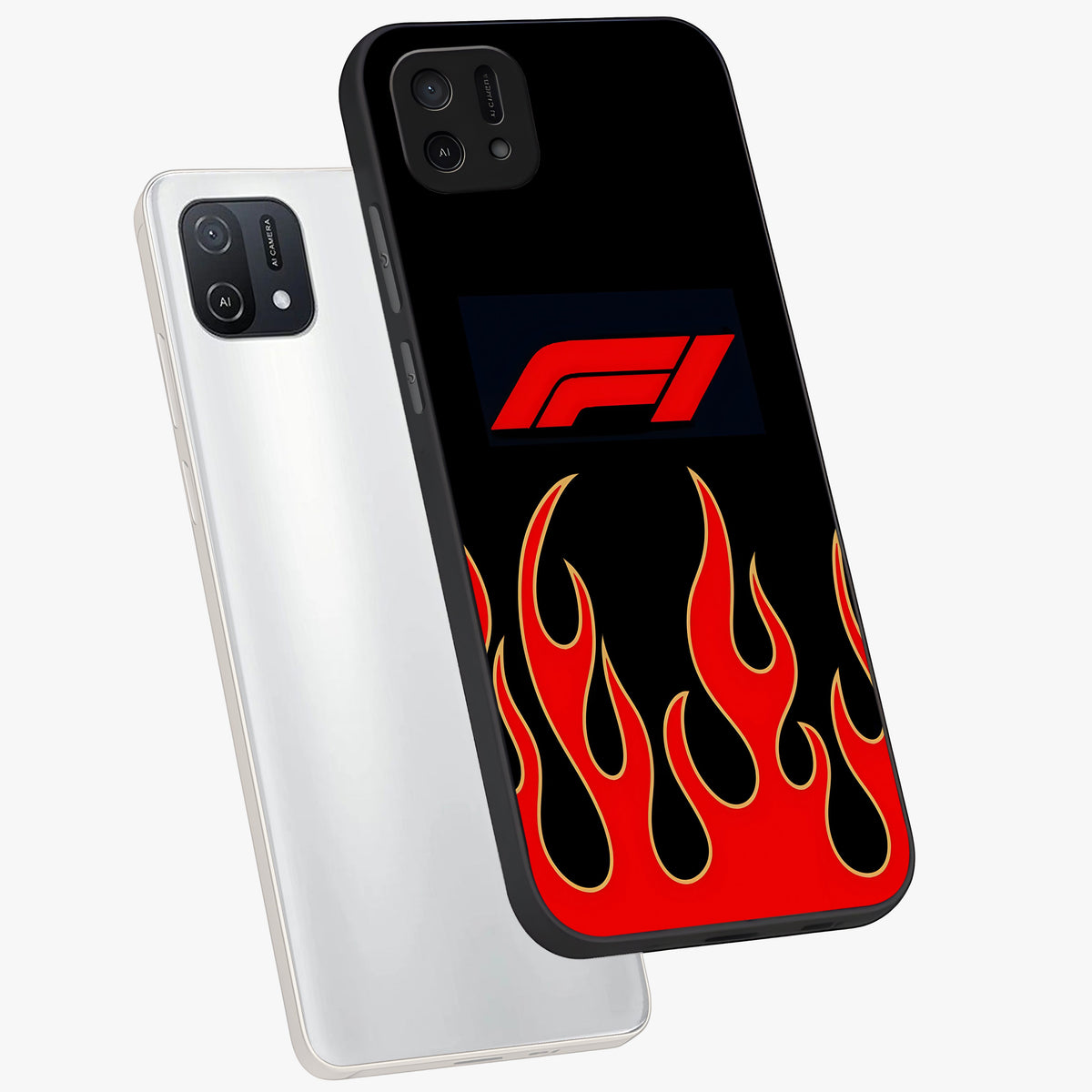 Fire F11 Glass Case displayed in angled mockup highlighting bold fire inspired graphic with energetic aesthetic style.