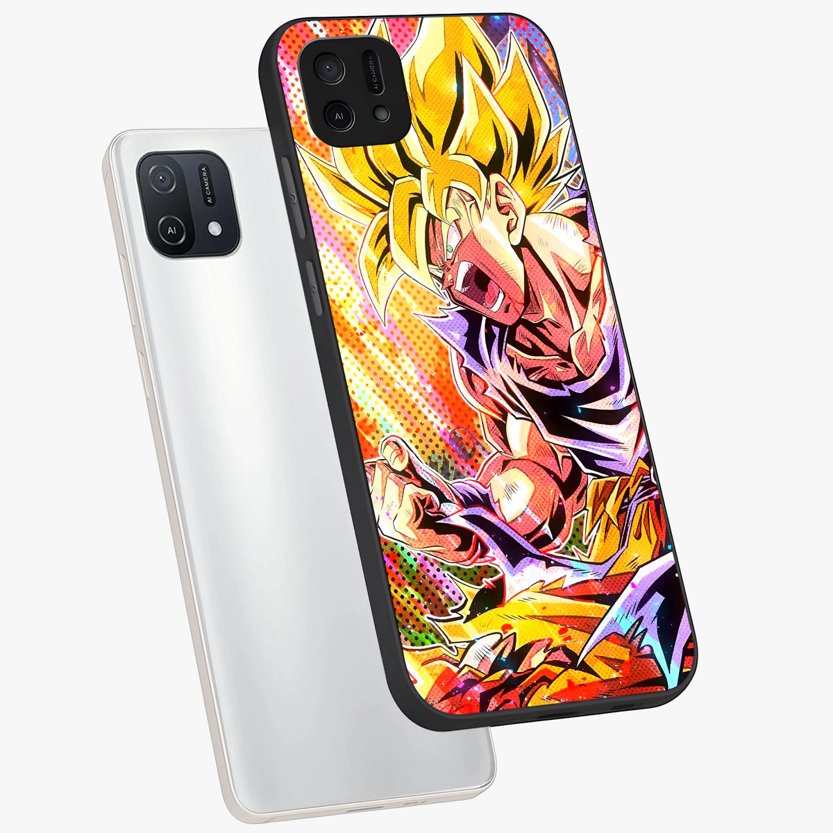 Firing Goku Glass Case displayed in angled mockup highlighting dynamic anime character design with action aesthetic.