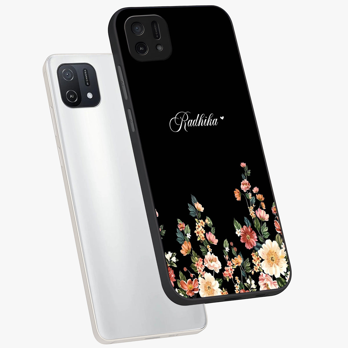 Floral Design With a Custom Personalized Name Glass Case displayed in angled mockup highlighting elegant floral pattern with custom name feature.
