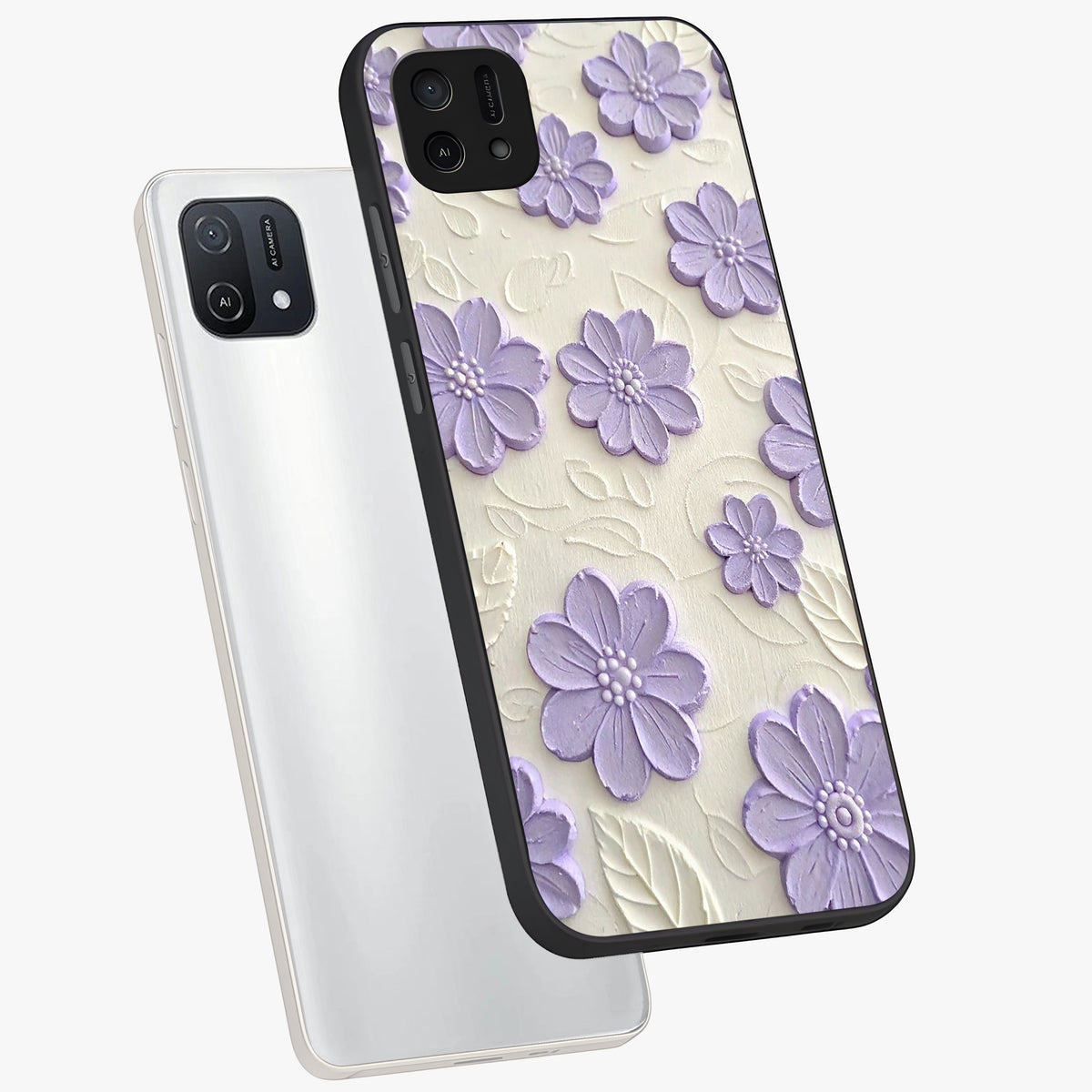 Floral Wall Art With Purple Flowers Glass Case displayed in angled mockup highlighting vibrant purple floral illustration with artistic aesthetic.