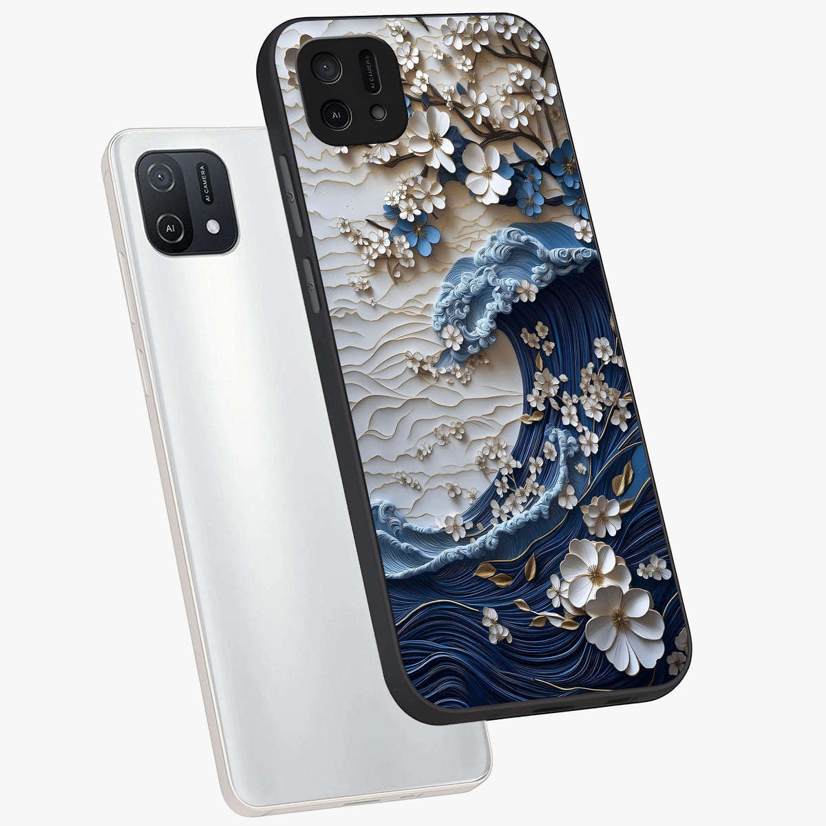 Floral Wave Origami Glass Case displayed in angled mockup highlighting geometric origami flower design with modern aesthetic style.
