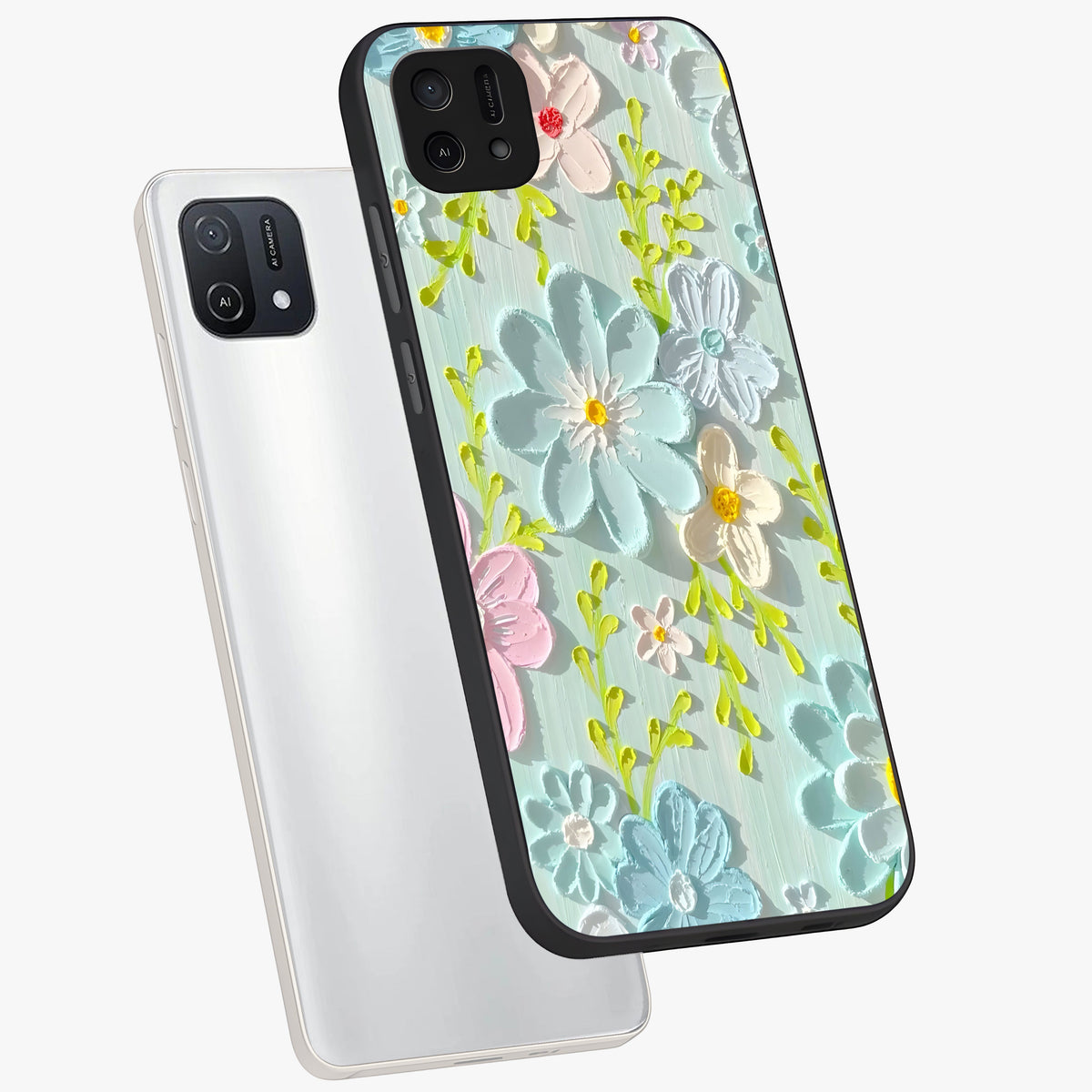 Frosted Petal Garden Glass Case displayed in angled mockup highlighting delicate flower petal design with calm garden aesthetic.