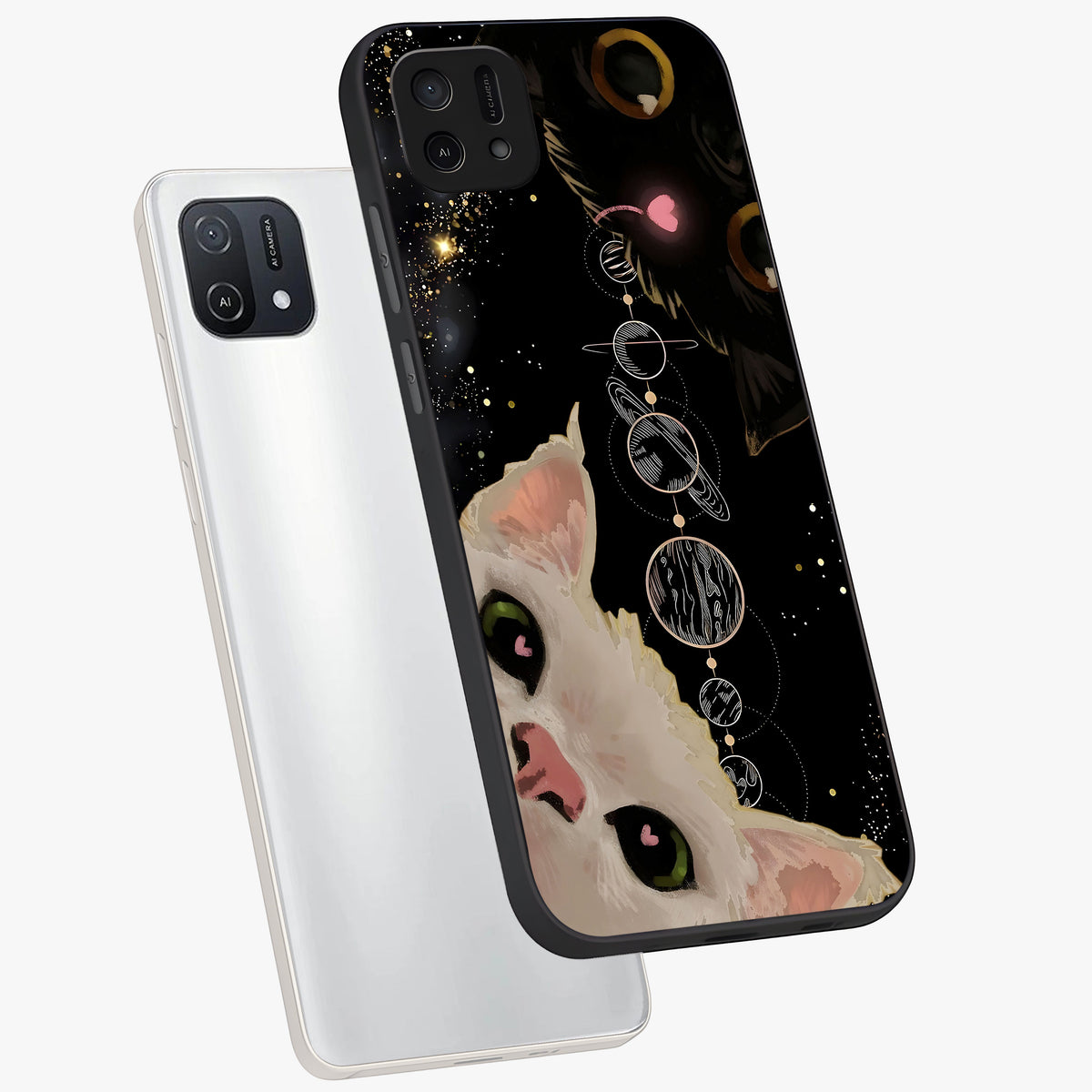 Galactic Cat Glass Case displayed in angled mockup highlighting celestial feline illustration with galaxy aesthetic style.
