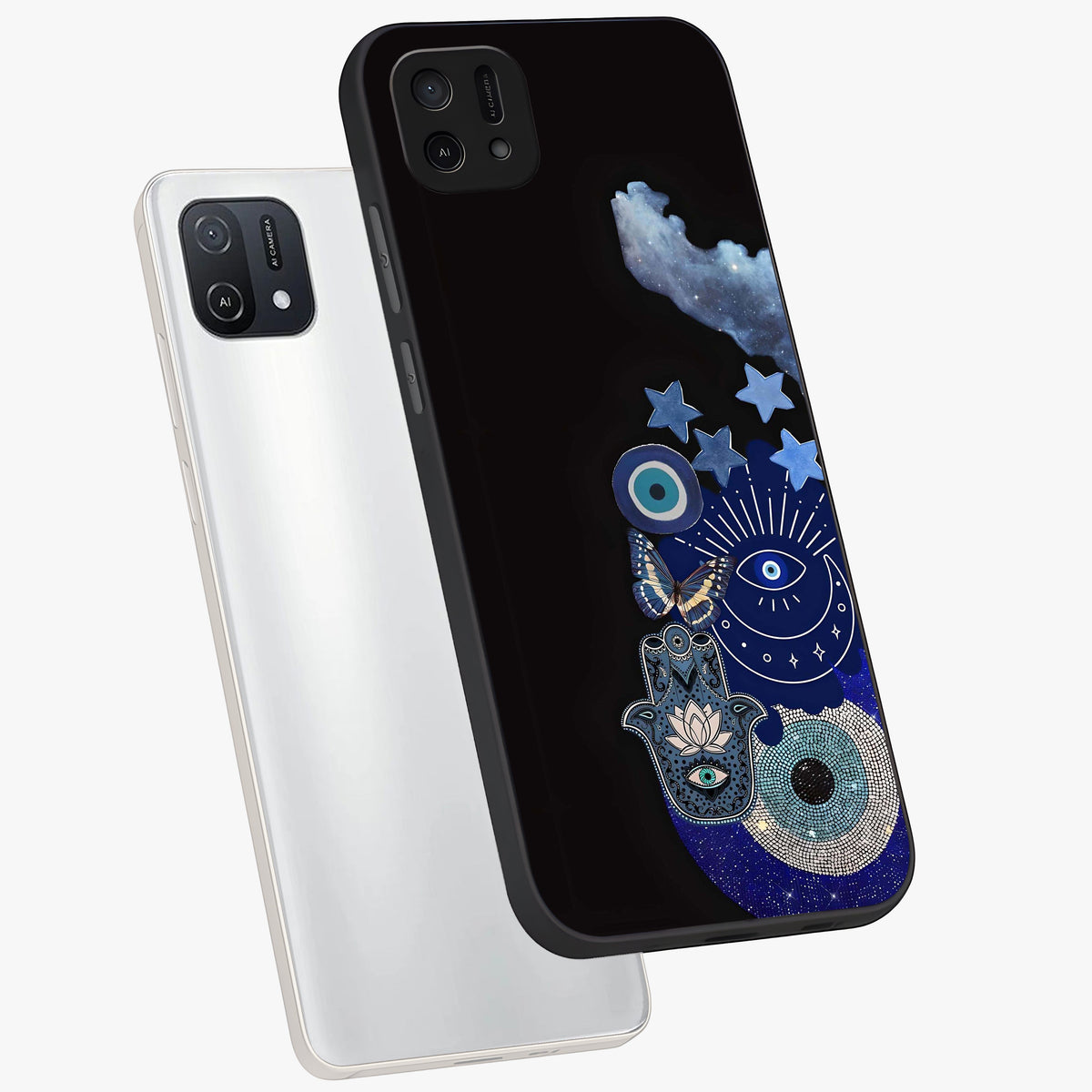 Galactic Charm Cluster Glass Case displayed in angled mockup highlighting luminous galaxy inspired design with dreamy aesthetic.