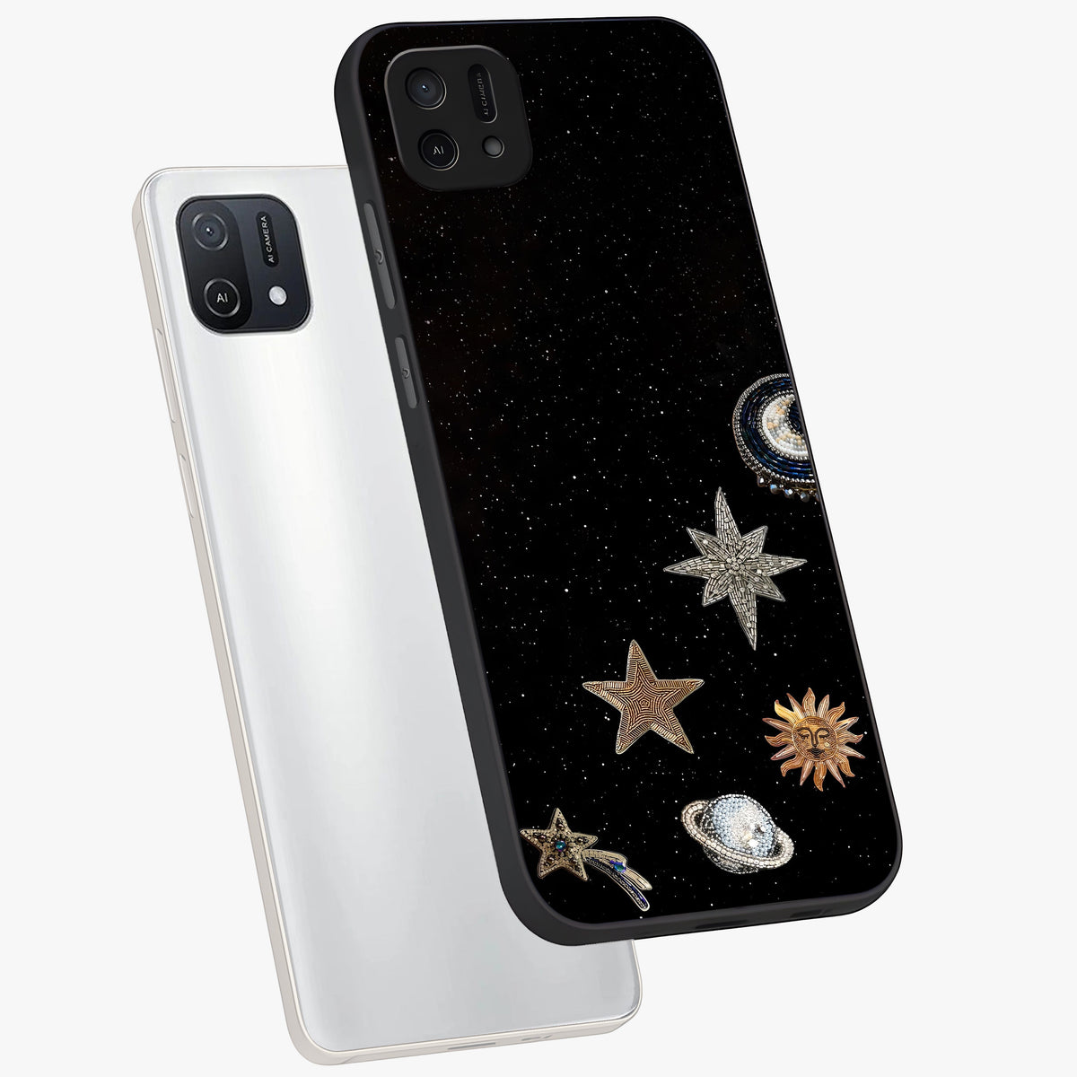 Galactic Charm Glow Glass Case displayed in angled mockup highlighting luminous galaxy inspired design with dreamy aesthetic.