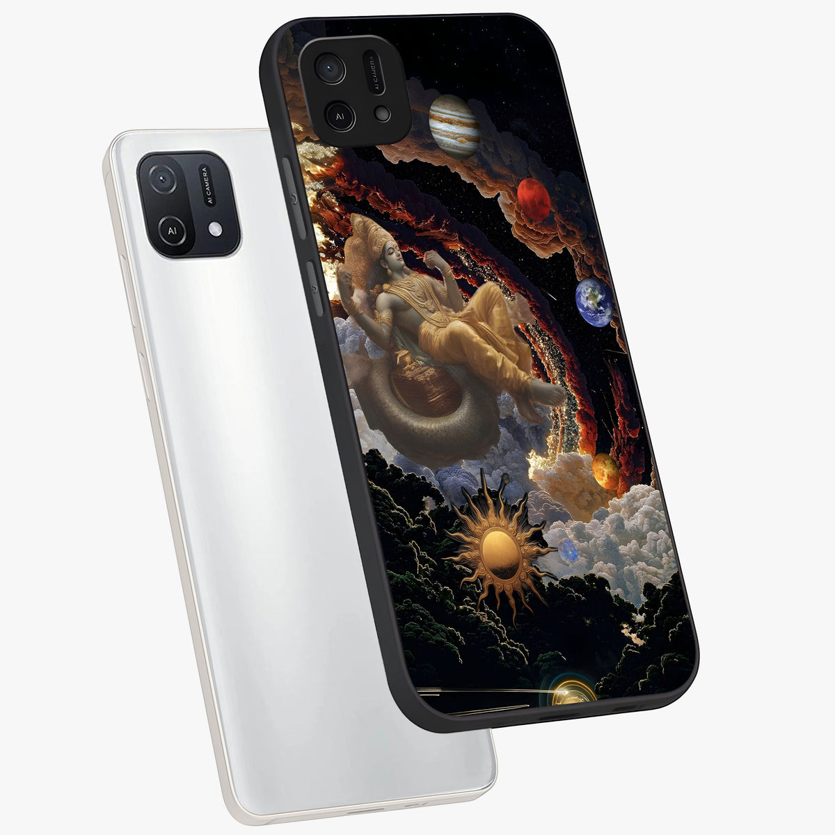 Galactic Divine God Glass Case displayed in angled mockup highlighting powerful celestial deity illustration with galactic aesthetic.