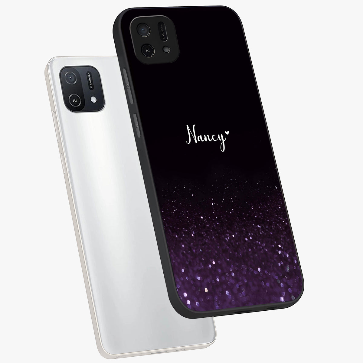 Glittery Purple Bokeh Custom Name Glass Case displayed in angled mockup highlighting glitter bokeh pattern with custom name feature.