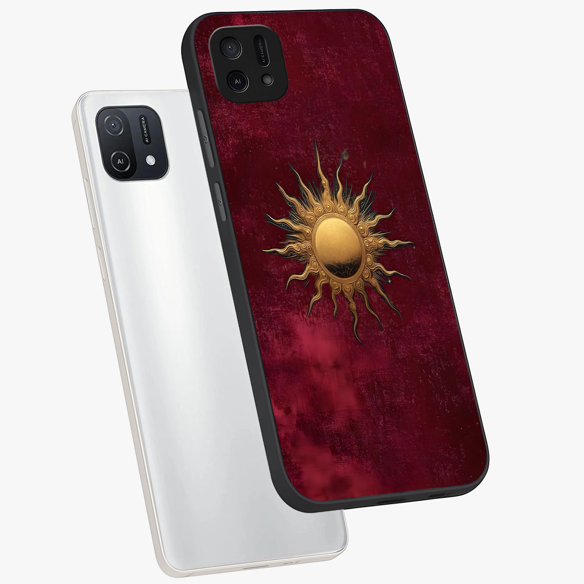 Golden Sun Minimalism Glass Case displayed in angled mockup highlighting clean sun symbol design with modern minimal aesthetic.
