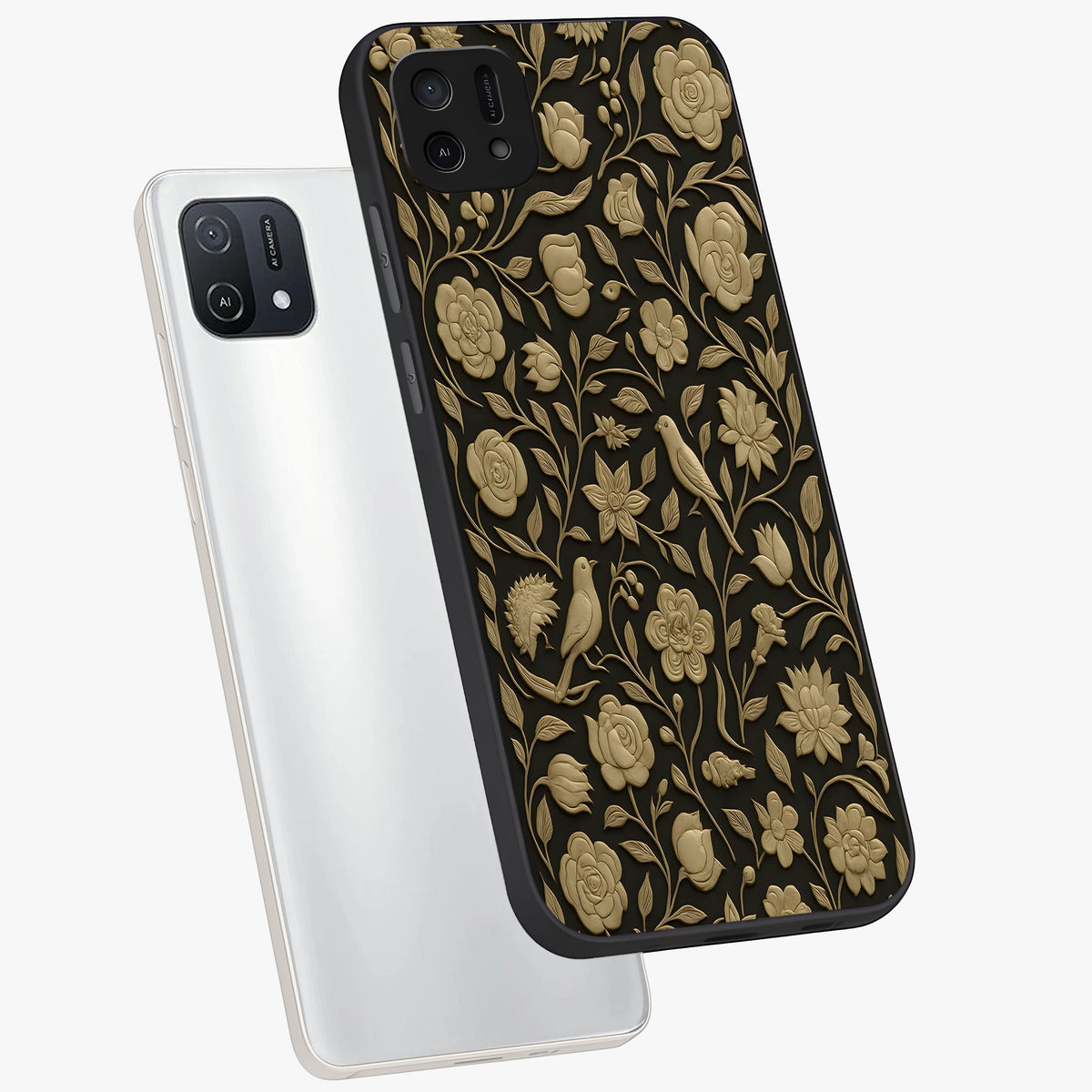 Golden Evil Eye Mandala Glass Case displayed in angled mockup highlighting protective evil eye symbol with golden mandala design.