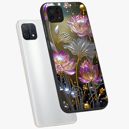 Golden Floral Majesty Glass Case displayed in angled mockup highlighting elegant flower design with royal golden aesthetic.