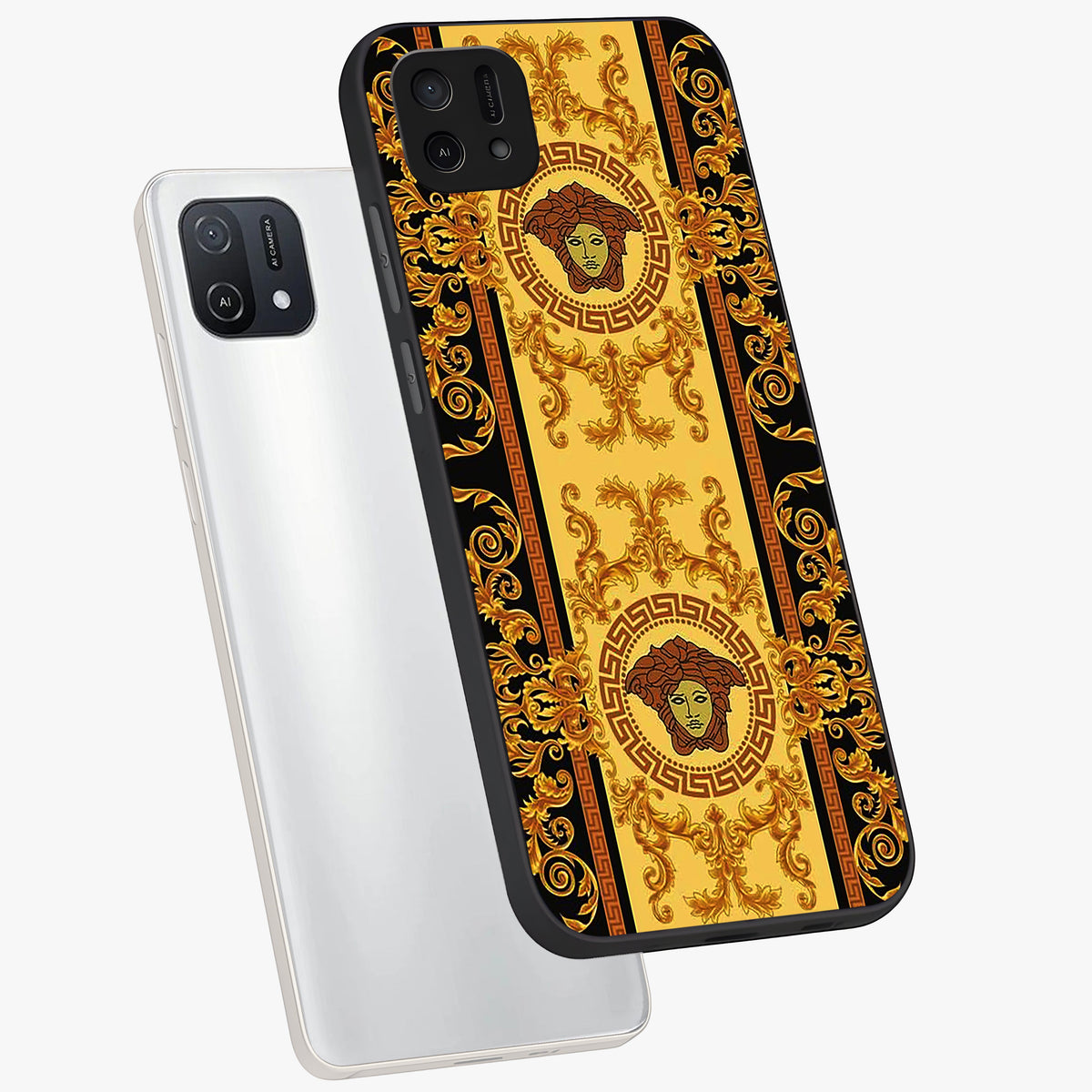 Golden Lotus Glow Glass Case displayed in angled mockup highlighting radiant lotus illustration with spiritual aesthetic.