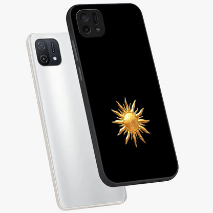 Golden Sun Minimalism Glass Case displayed in angled mockup highlighting eerie shadow illustration with gothic aesthetic.
